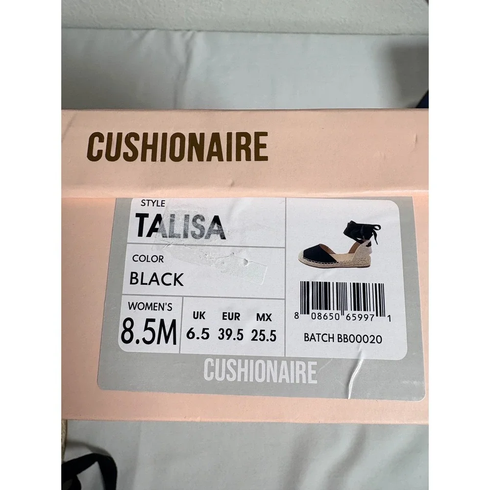 Cushionaire Talisa Espadrille Flats 8.5 Black New Lace Up Canvas Jute Ribbon